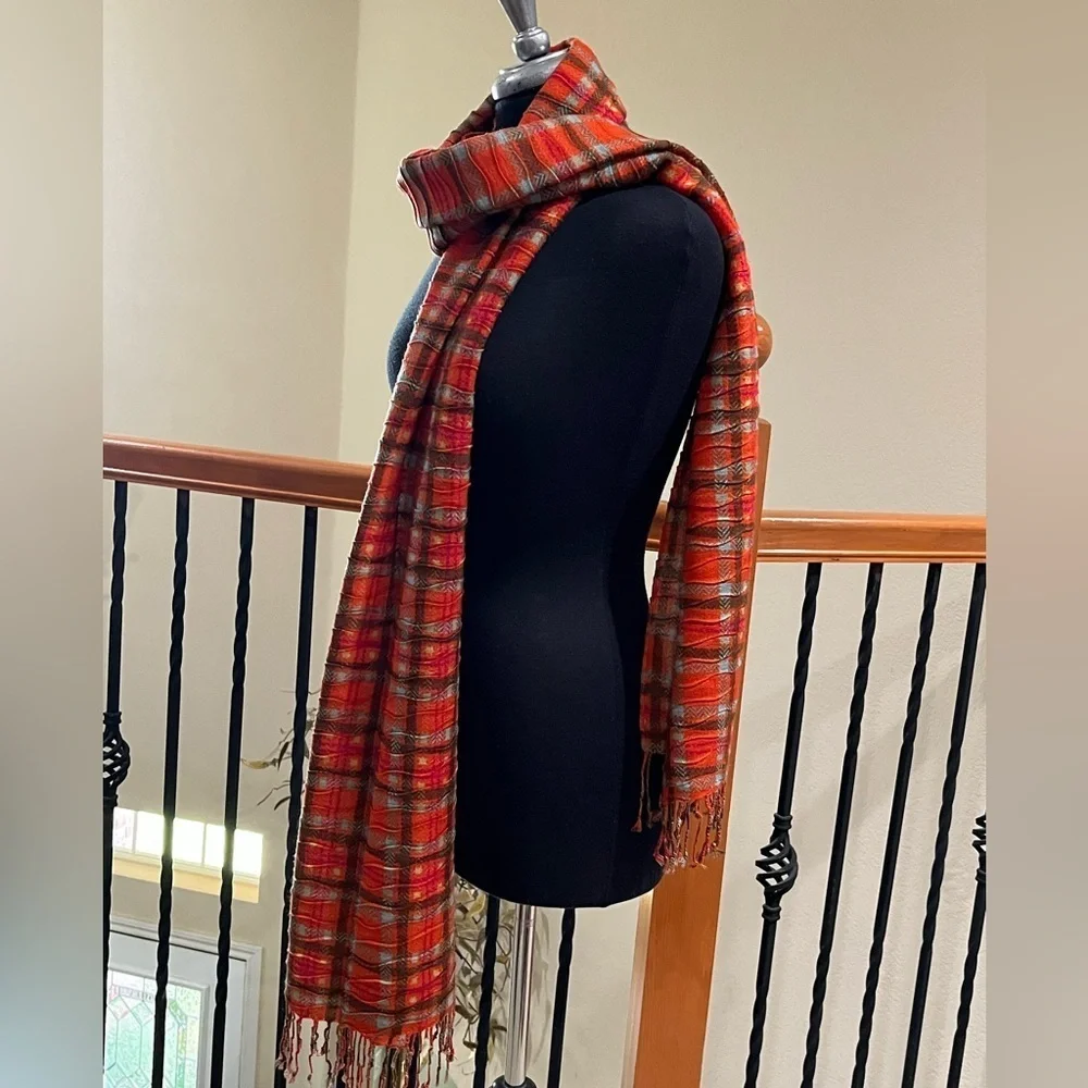 Echo Vibrant Orange and BLUE CRINKLED PLAID COZY CLASSIC SCARF, 21”X 78”